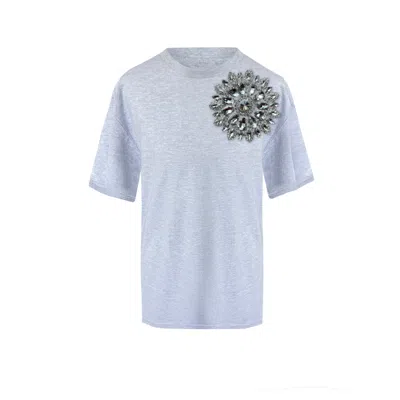 Toma Women's Grey / Silver Grey Cotton T-shirt With Silver Swarovski Crystals In Blue
