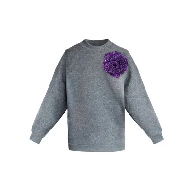 Toma Women's Grey Sweatshirt With Top Side Bright Purple Sequin Rose In Gray