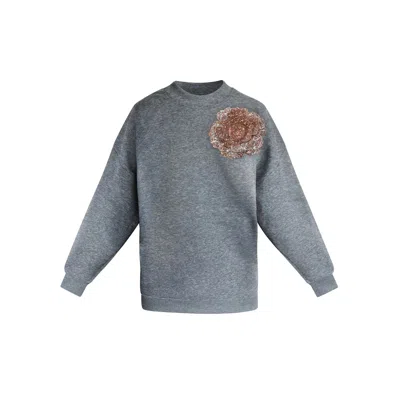 Toma Women's Grey Sweatshirt With Top Side Champagne Sequin Rose In Gray
