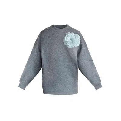 Toma Women's Grey Sweatshirt With Top Side Light Blue Sequin Rose In Gray