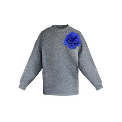 Toma Women's Grey Sweatshirt With Top Side Royal Blue Sequin Rose In Gray