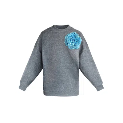 Toma Women's Grey Sweatshirt With Top Side Sky Blue Sequin Rose In Gray