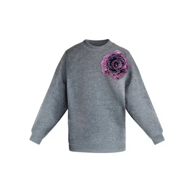 Toma Women's Grey Sweatshirt With Top Side Wine Sequin Rose In Gray