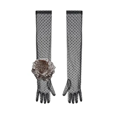 Toma Women's Long Black Polka Dot Elegant Gloves With Champagne Sequin Rose