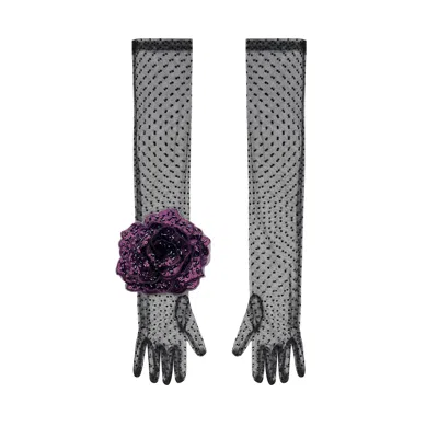 Toma Women's Long Black Polka Dot Elegant Gloves With Dark Purple Sequin Rose