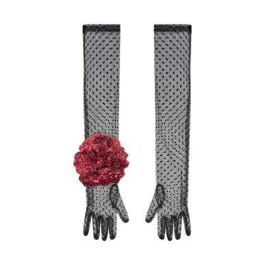 Toma Women's Long Black Polka Dot Gloves With Burgundy Sequin Rose
