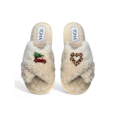 Toma Women's Neutrals Classic  Faux Fur Open Toe Christmas Heart Beige Slippers