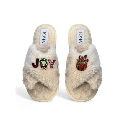 Toma Women's Neutrals Classic  Faux Fur Open Toe Christmas Joy Beige Slippers
