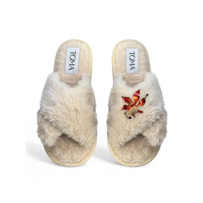 Toma Women's Neutrals Classic  Faux Fur Open Toe Fish Rhinestone Beige Slippers