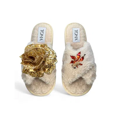 Toma Women's Neutrals Classic  Faux Fur Open Toe Gold Sequin And Brooch Beige Slippers