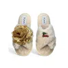 Toma Women's Neutrals Classic  Faux Fur Open Toe Gold Sequin And Christmas Car Beige Slippers In Neutral