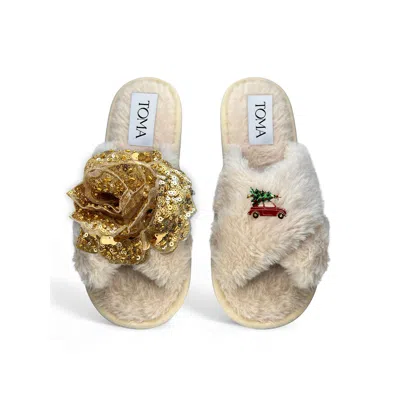Toma Women's Neutrals Classic  Faux Fur Open Toe Gold Sequin And Christmas Car Beige Slippers