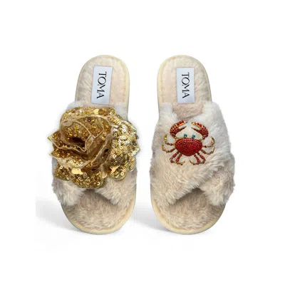 Toma Women's Neutrals Classic  Faux Fur Open Toe Gold Sequin And Crab Beige Slippers In Multi