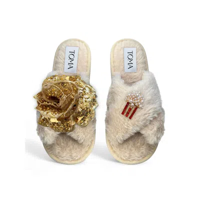 Toma Women's Neutrals Classic  Faux Fur Open Toe Gold Sequin And Popcorn Beige Slippers