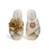 Toma Women's Neutrals Classic  Faux Fur Open Toe Gold Sequin Christmas Beige Slippers In Neutral