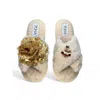 Toma Women's Neutrals Classic  Faux Fur Open Toe Gold Sequin Let It Snow Beige Slippers In Neutral