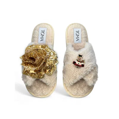 Toma Women's Neutrals Classic  Faux Fur Open Toe Gold Sequin Let It Snow Beige Slippers