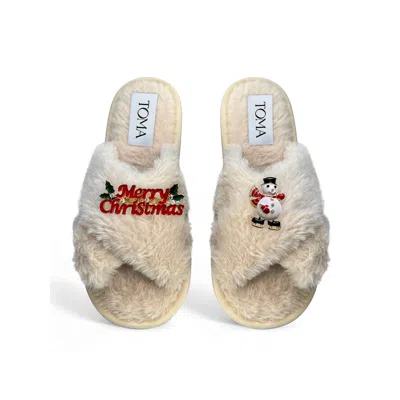 Toma Women's Neutrals Classic  Faux Fur Open Toe Merry Christmas Beige Slippers In Nude