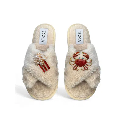 Toma Women's Neutrals Classic  Faux Fur Open Toe Popcorn And Crab Beige Slippers