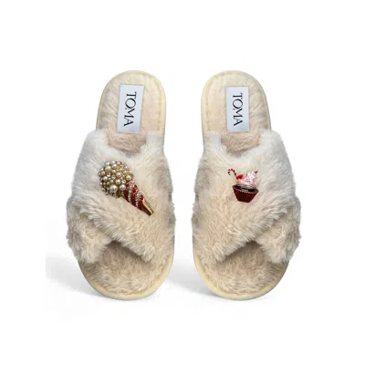 Toma Women's Neutrals Classic  Faux Fur Open Toe Popcorn Beige Slippers