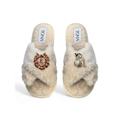 Toma Women's Neutrals Classic  Faux Fur Open Toe Sky Snowman Beige Slippers