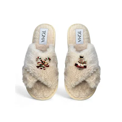 Toma Women's Neutrals Classic  Faux Fur Open Toe Snowman Beige Slippers
