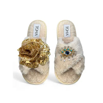 Toma Women's Neutrals Classic  Open Toe Gold Sequin Flower And Blue Eye Beige Slippers