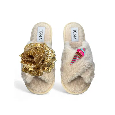 Toma Women's Neutrals Classic  Open Toe Gold Sequin Flower And Candy Ice Cream Beige Slippers