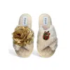 Toma Women's Neutrals Classic  Open Toe Gold Sequin Flower And Christmas Bauble Beige Slippers In Gold