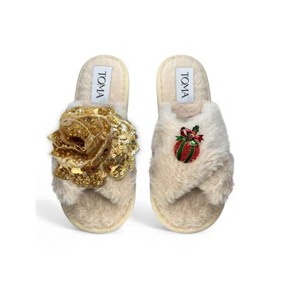 Toma Women's Neutrals Classic  Open Toe Gold Sequin Flower And Christmas Bauble Beige Slippers