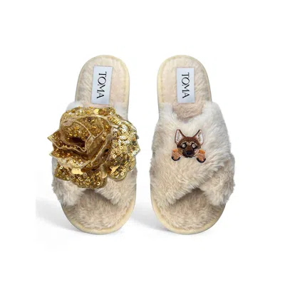 Toma Women's Neutrals Classic  Open Toe Gold Sequin Flower And Dog Eight Beige Slippers
