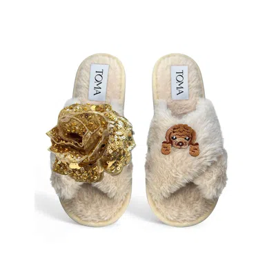 Toma Women's Neutrals Classic  Open Toe Gold Sequin Flower And Dog Five Beige Slippers