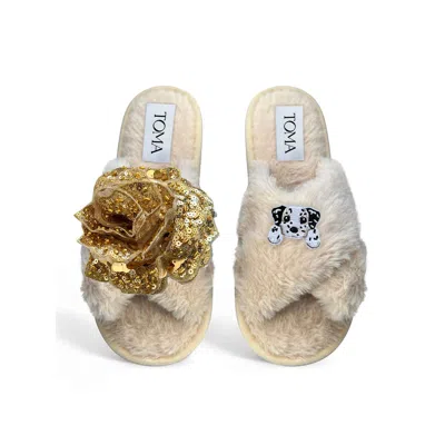 Toma Women's Neutrals Classic  Open Toe Gold Sequin Flower And Dog Nine Beige Slippers