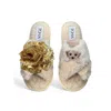 Toma Women's Neutrals Classic  Open Toe Gold Sequin Flower And Dog One Beige Slippers In Gold