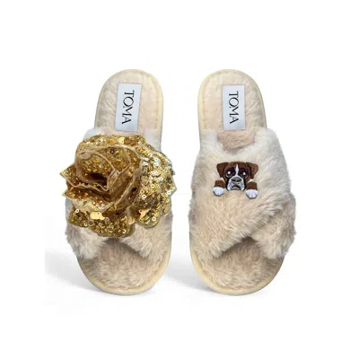 Toma Women's Neutrals Classic  Open Toe Gold Sequin Flower And Dog Seven Beige Slippers In Multi
