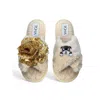 Toma Women's Neutrals Classic  Open Toe Gold Sequin Flower And Dog Six Beige Slippers In Multi