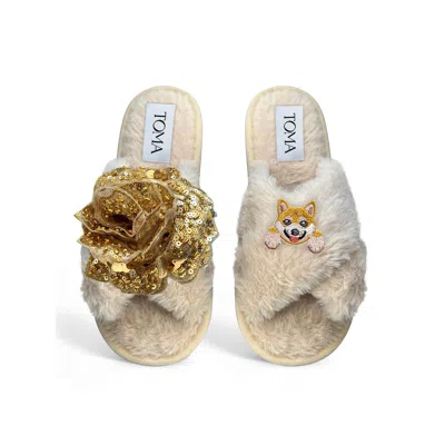 Toma Women's Neutrals Classic  Open Toe Gold Sequin Flower And Dog Ten Beige Slippers