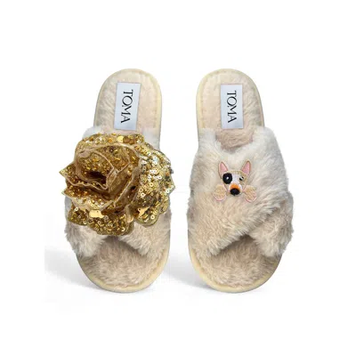 Toma Women's Neutrals Classic  Open Toe Gold Sequin Flower And Dog Three Beige Slippers