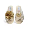 Toma Women's Neutrals Classic  Open Toe Gold Sequin Flower And Green Eye Beige Slippers In Neutral