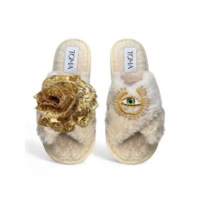 Toma Women's Neutrals Classic  Open Toe Gold Sequin Flower And Green Eye Beige Slippers