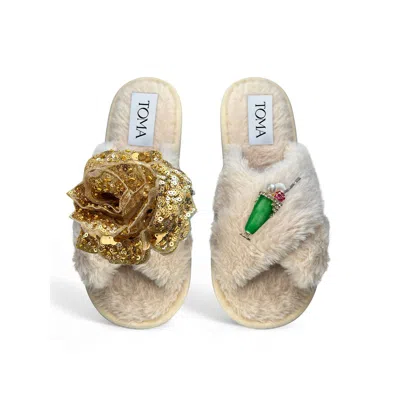 Toma Women's Neutrals Classic  Open Toe Gold Sequin Flower And Ice Cream Beige Slippers In Multi