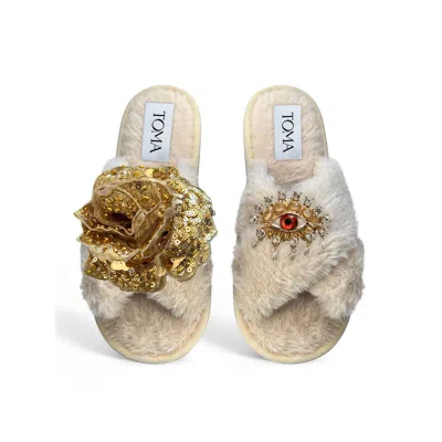 Toma Women's Neutrals Classic  Open Toe Gold Sequin Flower And Red Eye Beige Slippers