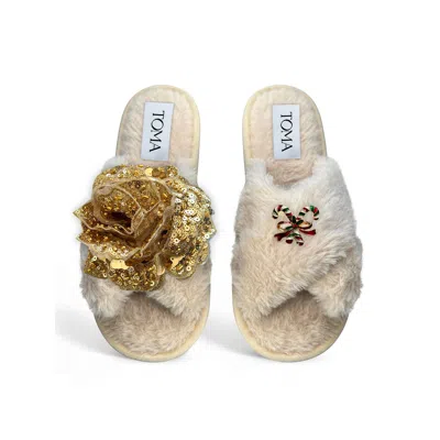 Toma Women's Neutrals Classic  Open Toe Gold Sequin Flower And Ribbon Beige Slippers In Gray