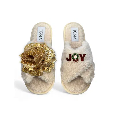 Toma Women's Neutrals Classic  Open Toe Gold Sequin Flower Joy Beige Slippers