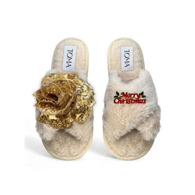 Toma Women's Neutrals Classic  Open Toe Gold Sequin Flower Merry Christmas Beige Slippers