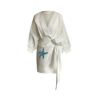 Toma Women's Neutrals Holiday Linen Dress With Blue Starfish Rhinestone Spring Summer Vacation