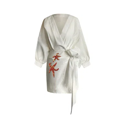 Toma Women's Neutrals Ibiza Ivory Linen Wrap Party Holiday Wedding Kimono Kaftan Dress With Red Crystals In Red/white