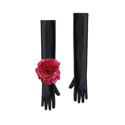 Toma Women's Pink / Black Black Evening Chic Gloves With Pink Sequin Rose In Multi