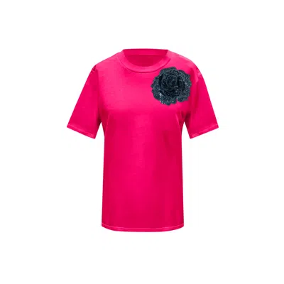 Toma Women's Pink / Black Pink Cotton T-shirt With Black Side Sequin Rose