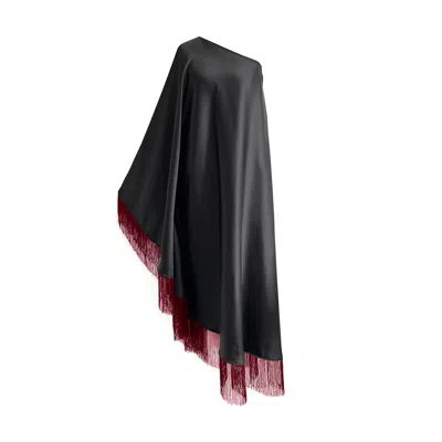 Toma Women's Pink / Black Powder Pink Fringe Off Shoulder Summer Glam Maxi Black Dress In Multi